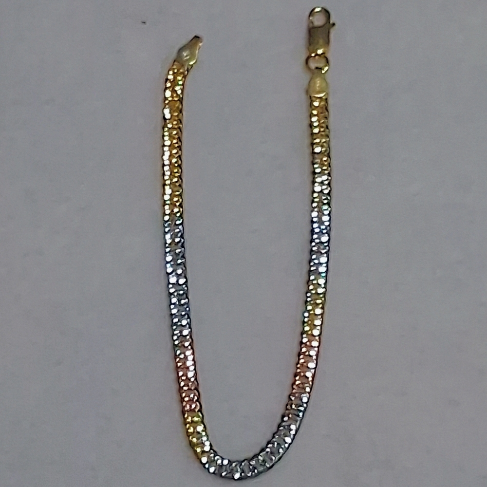 Tri Gold Over 925 SS.  7.5"   4mm Diamond Cut Double Cuban Link Bracelet